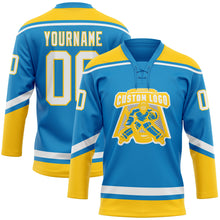 Load image into Gallery viewer, Custom Blue White-Yellow Hockey Lace Neck Jersey