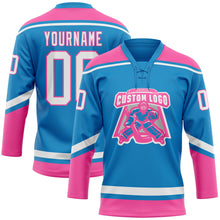 Load image into Gallery viewer, Custom Blue White-Pink Hockey Lace Neck Jersey