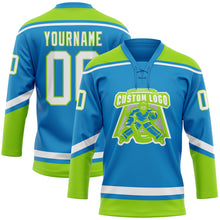 Load image into Gallery viewer, Custom Blue White-Neon Green Hockey Lace Neck Jersey