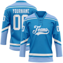 Load image into Gallery viewer, Custom Blue White-Light Blue Hockey Lace Neck Jersey