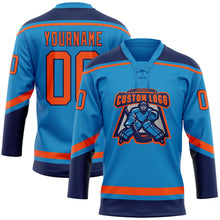 Load image into Gallery viewer, Custom Blue Orange-Navy Hockey Lace Neck Jersey