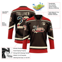 Load image into Gallery viewer, Custom Brown Vintage USA Flag Cream-Red Hockey Lace Neck Jersey