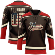 Load image into Gallery viewer, Custom Brown Vintage USA Flag Cream-Red Hockey Lace Neck Jersey