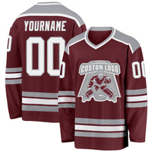 Load image into Gallery viewer, Custom Burgundy White-Gray Hockey Jersey
