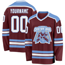 Load image into Gallery viewer, Custom Burgundy White-Light Blue Hockey Jersey