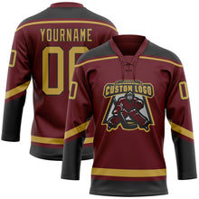 Load image into Gallery viewer, Custom Burgundy Old Gold-Black Hockey Lace Neck Jersey