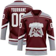 Load image into Gallery viewer, Custom Burgundy White-Gray Hockey Lace Neck Jersey