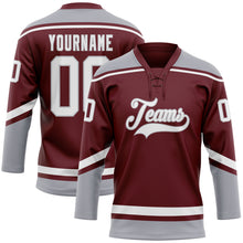 Load image into Gallery viewer, Custom Burgundy White-Gray Hockey Lace Neck Jersey