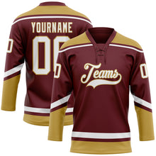Load image into Gallery viewer, Custom Burgundy White-Old Gold Hockey Lace Neck Jersey