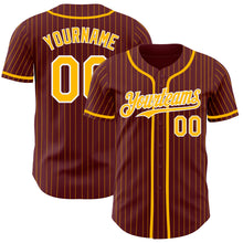 Load image into Gallery viewer, Custom Burgundy Gold Pinstripe White Authentic Baseball Jersey