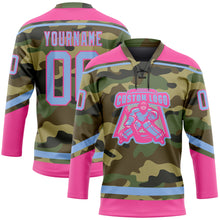 Load image into Gallery viewer, Custom Camo Light Blue-Pink Salute To Service Hockey Lace Neck Jersey