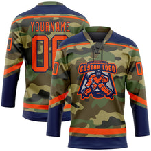 Load image into Gallery viewer, Custom Camo Orange-Navy Salute To Service Hockey Lace Neck Jersey