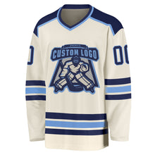 Load image into Gallery viewer, Custom Cream Navy-Light Blue Hockey Jersey