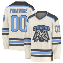 Load image into Gallery viewer, Custom Cream Light Blue-Steel Gray Hockey Jersey