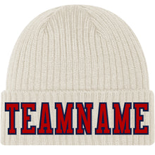 Load image into Gallery viewer, Custom Cream Red-Navy Stitched Cuffed Knit Hat