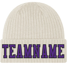 Load image into Gallery viewer, Custom Cream Purple-Black Stitched Cuffed Knit Hat