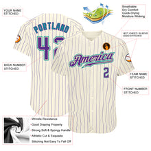 Load image into Gallery viewer, Custom Cream Purple Pinstripe Purple-Teal Authentic Baseball Jersey