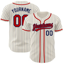 Load image into Gallery viewer, Custom Cream Navy Pinstripe Red Authentic Baseball Jersey