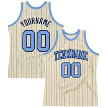 Load image into Gallery viewer, Custom Cream Navy Pinstripe Light Blue Authentic Basketball Jersey