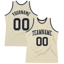 Load image into Gallery viewer, Custom Cream Gray Pinstripe Black Authentic Basketball Jersey