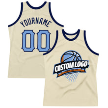 Load image into Gallery viewer, Custom Cream Light Blue-Navy Authentic Throwback Basketball Jersey