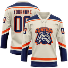 Load image into Gallery viewer, Custom Cream Navy-Orange Hockey Lace Neck Jersey