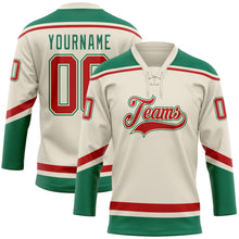 Load image into Gallery viewer, Custom Cream Red-Kelly Green Hockey Lace Neck Jersey