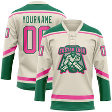Load image into Gallery viewer, Custom Cream Pink-Kelly Green Hockey Lace Neck Jersey