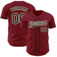 Load image into Gallery viewer, Custom Crimson Cream Pinstripe Black Authentic Baseball Jersey