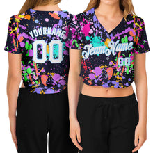 Load image into Gallery viewer, Custom Women's Graffiti Pattern White-Light Blue Splashes 3D V-Neck Cropped Baseball Jersey