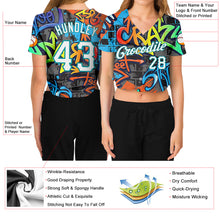 Load image into Gallery viewer, Custom Women's Graffiti Pattern White-Aqua Geometric 3D V-Neck Cropped Baseball Jersey