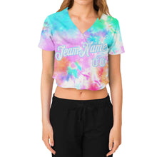 Load image into Gallery viewer, Custom Women's Tie Dye White-Light Blue Rainbow 3D V-Neck Cropped Baseball Jersey