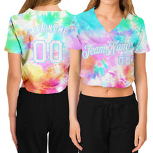 Load image into Gallery viewer, Custom Women's Tie Dye White-Light Blue Rainbow 3D V-Neck Cropped Baseball Jersey