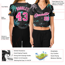 Load image into Gallery viewer, Custom Women's Black Pink-White Hawaii Palm Trees 3D V-Neck Cropped Baseball Jersey
