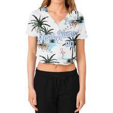 Load image into Gallery viewer, Custom Women's White White-Light Blue Hawaii Palm Trees 3D V-Neck Cropped Baseball Jersey