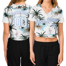 Load image into Gallery viewer, Custom Women's White White-Light Blue Hawaii Palm Trees 3D V-Neck Cropped Baseball Jersey
