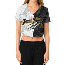 Load image into Gallery viewer, Custom Women's Graffiti Pattern Black-Old Gold Scratch 3D V-Neck Cropped Baseball Jersey
