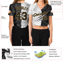Load image into Gallery viewer, Custom Women's Graffiti Pattern Black-Old Gold Scratch 3D V-Neck Cropped Baseball Jersey