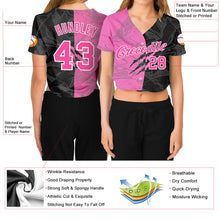 Load image into Gallery viewer, Custom Women's Graffiti Pattern Pink-White Scratch 3D V-Neck Cropped Baseball Jersey
