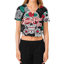 Load image into Gallery viewer, Custom Women's Graffiti Pattern White-Red Skull Fashion 3D V-Neck Cropped Baseball Jersey