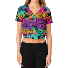 Load image into Gallery viewer, Custom Women's Graffiti Pattern Purple-Pink Bright Neon Colors 3D V-Neck Cropped Baseball Jersey