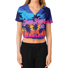 Load image into Gallery viewer, Custom Women's Royal Pink-Light Blue Hawaii Palm Trees 3D V-Neck Cropped Baseball Jersey