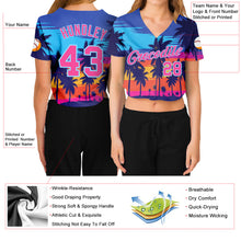 Load image into Gallery viewer, Custom Women's Royal Pink-Light Blue Hawaii Palm Trees 3D V-Neck Cropped Baseball Jersey