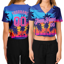 Load image into Gallery viewer, Custom Women's Royal Pink-Light Blue Hawaii Palm Trees 3D V-Neck Cropped Baseball Jersey