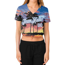 Load image into Gallery viewer, Custom Women's Light Blue White-Light Blue Hawaii Palm Trees 3D V-Neck Cropped Baseball Jersey