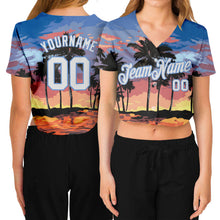 Load image into Gallery viewer, Custom Women's Light Blue White-Light Blue Hawaii Palm Trees 3D V-Neck Cropped Baseball Jersey