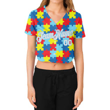 Load image into Gallery viewer, Custom Women's Autism Awareness Puzzle Pieces White-Light Blue 3D V-Neck Cropped Baseball Jersey
