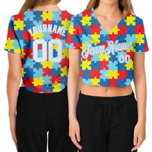 Load image into Gallery viewer, Custom Women's Autism Awareness Puzzle Pieces White-Light Blue 3D V-Neck Cropped Baseball Jersey