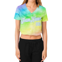Load image into Gallery viewer, Custom Women's Tie Dye White-Light Blue Rainbow 3D V-Neck Cropped Baseball Jersey