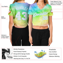 Load image into Gallery viewer, Custom Women's Tie Dye White-Light Blue Rainbow 3D V-Neck Cropped Baseball Jersey